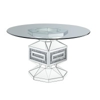 Dining Table with Glass Top and Mirrored Pedestal Base, Silver