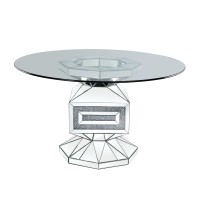 Dining Table with Glass Top and Mirrored Pedestal Base, Silver