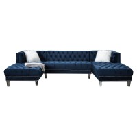Sectional Sofa with 2 Faux Fur Pillows and Nailhead Trim, Blue