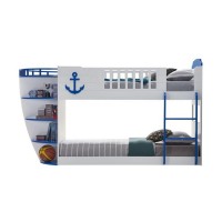 Twin over Twin Bunk Bed with 9 Shelves and Nautical Design, White and Blue