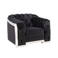 Chair with Button Tufting and Metal Trim, Black and Chrome