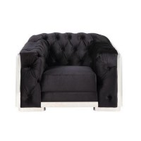 Chair with Button Tufting and Metal Trim, Black and Chrome