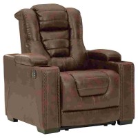 Power Recliner with Faux Leather and Adjustable Storage Headrest, Brown