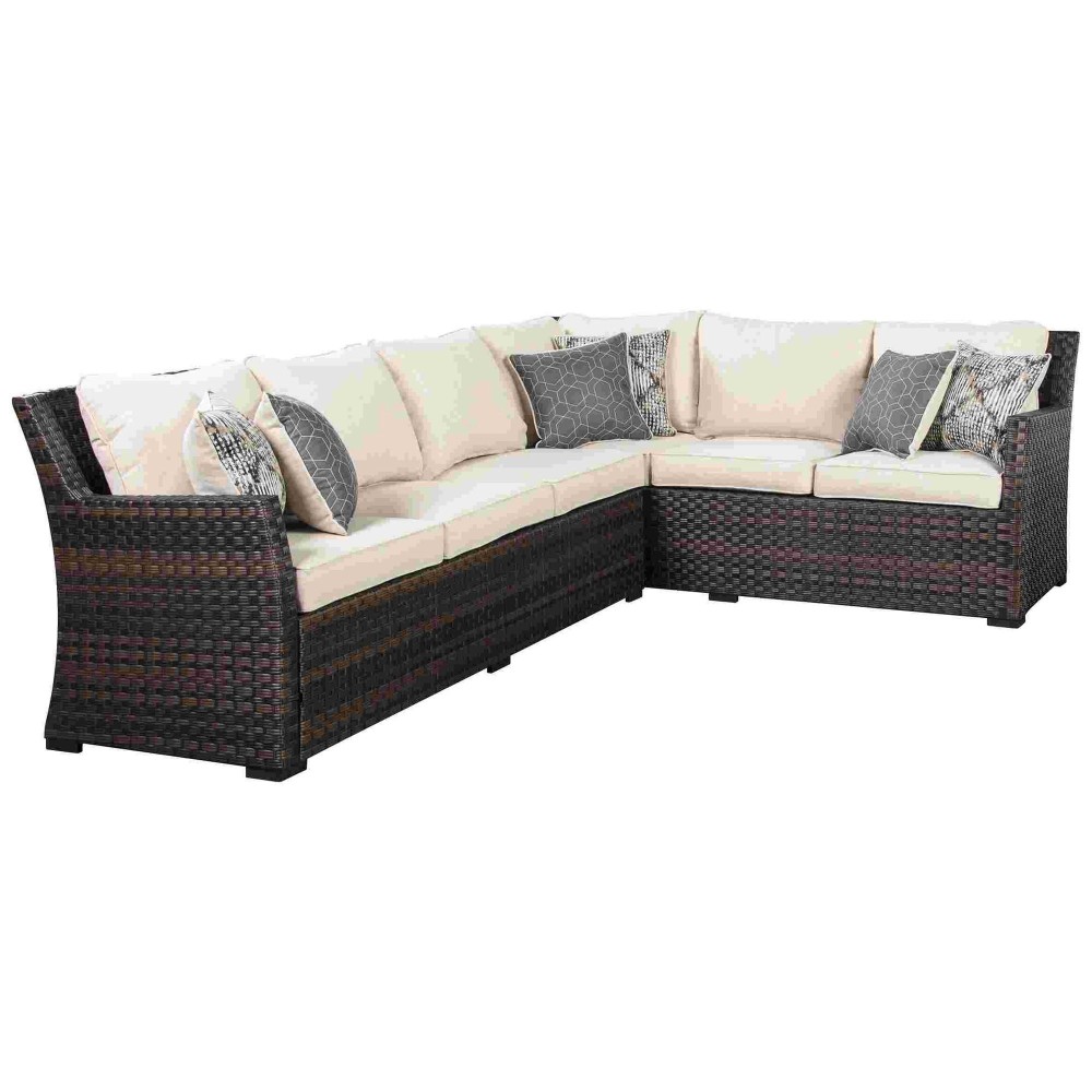 Sectional Sofa With Wicker And Zipper Cushions, Brown