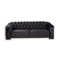 Sofa with Button Tufting and Metal Trim, Black and Chrome