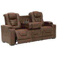 Power Recliner Sofa with Faux Leather and Adjustable Storage Headrest,Brown