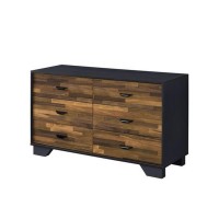 Dresser with 6 Drawers and Butcher Block Pattern, Brown and Gray