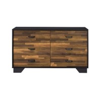 Dresser with 6 Drawers and Butcher Block Pattern, Brown and Gray