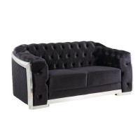 Loveseat with Button Tufting and Metal Trim, Black and Chrome