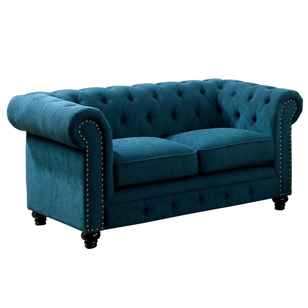 Loveseat with Button Tufted Backrest and Rolled Design Arms, Blue