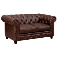 Loveseat with Button Tufted Backrest and Rolled Design Arms, Brown