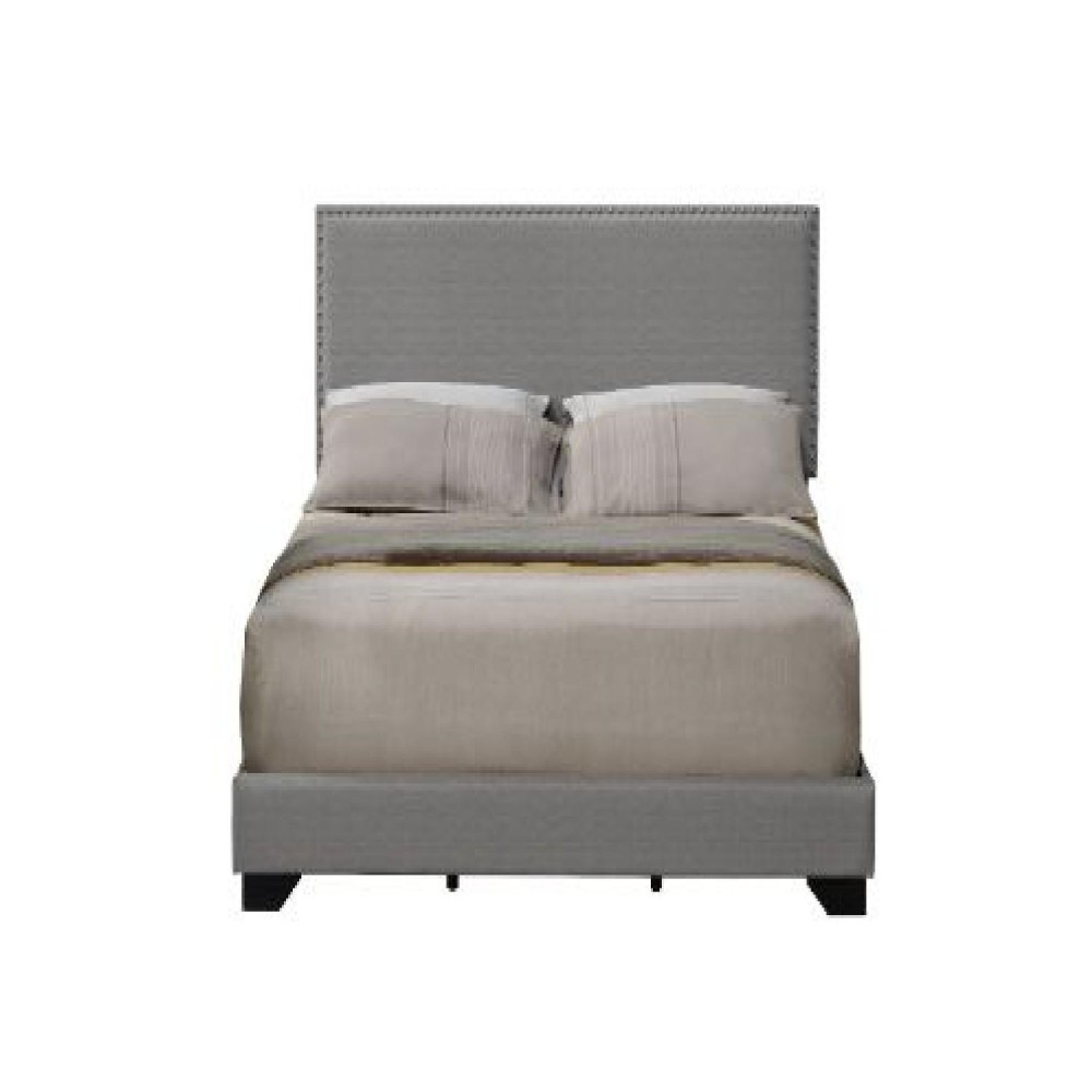Queen Size Bed with Fabric Upholstery and Nailhead Accent, Gray