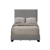 Queen Size Bed with Fabric Upholstery and Nailhead Accent, Gray