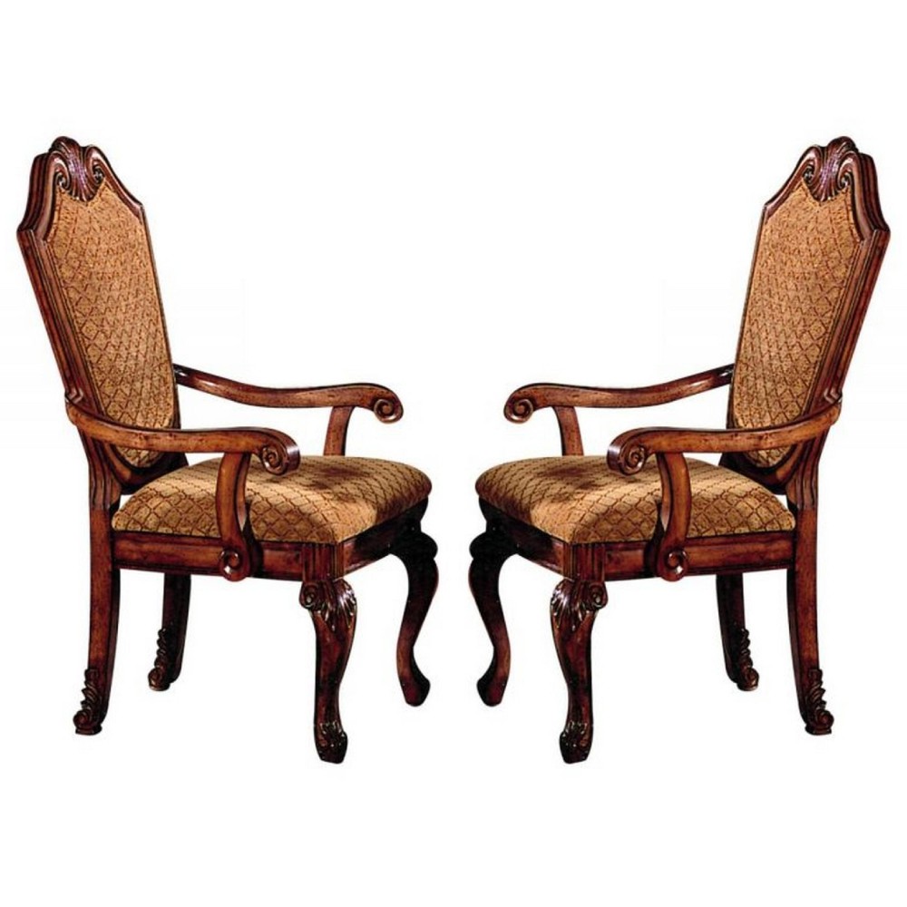 Arm Chair with Fabric Seat and Crown Top, Set of 2, Brown