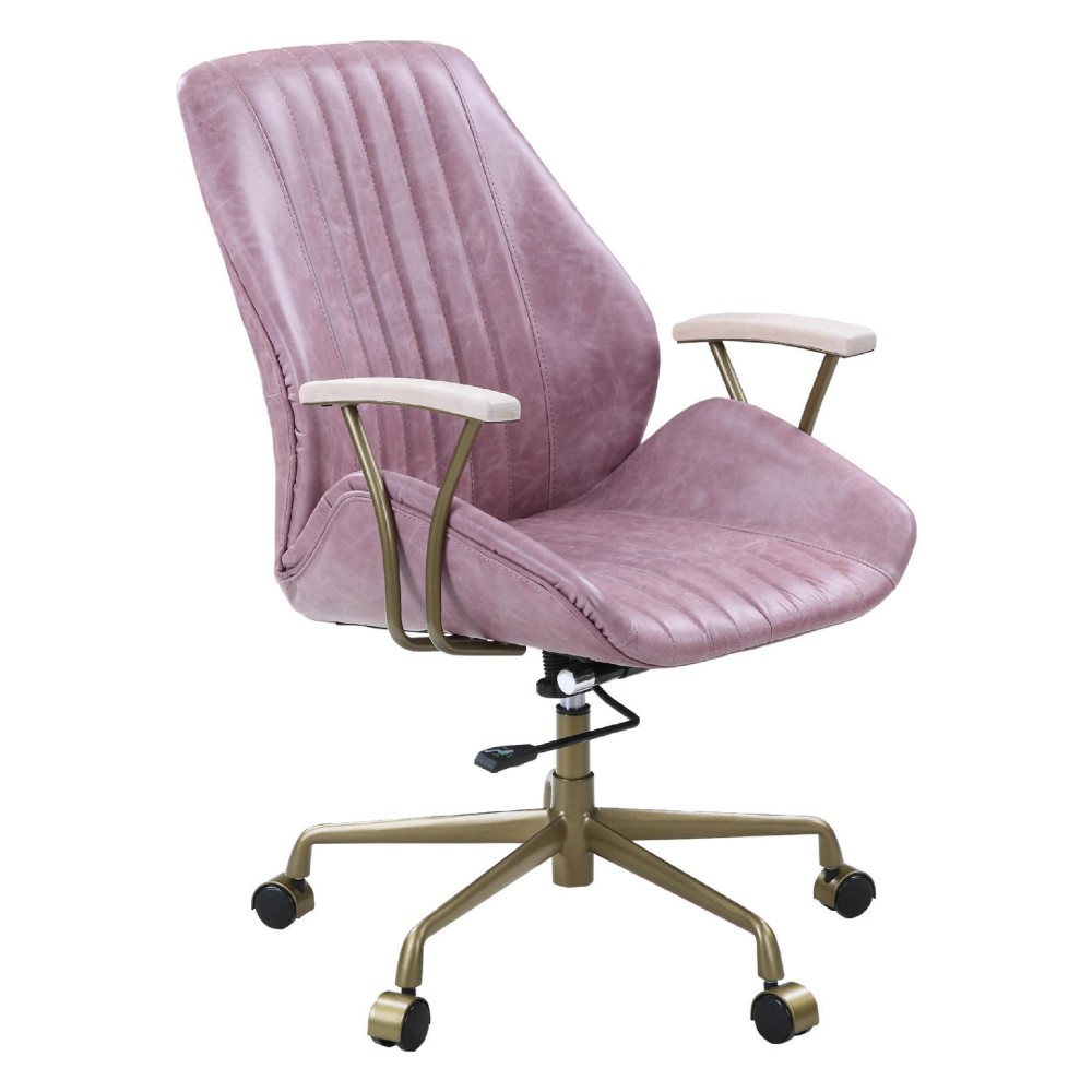 Office Chair with Leather Seat and Channel Stitching, Pink