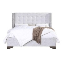Eastern King Bed with Fabric Upholstery and Tufting, Beige