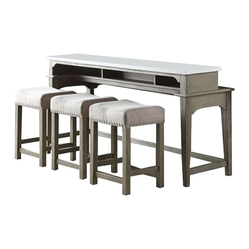 4 Piece Counter Height Set with Marble Top and USB, White and Oak Brown