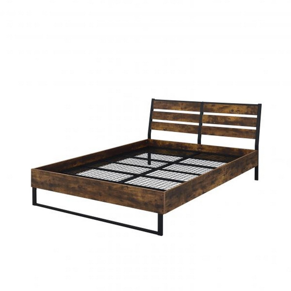 Eastern King Bed with Panel Headboard and Metal Slats, Brown and Black