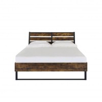 Eastern King Bed with Panel Headboard and Metal Slats, Brown and Black