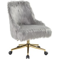 Swivel Office Chair with Faux Fur Fabric, Gray and Gold