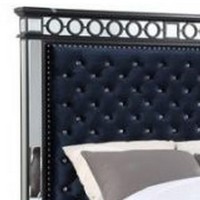 King Bed with Mirrored Inlay and Diamond Tufting, Black and Silver