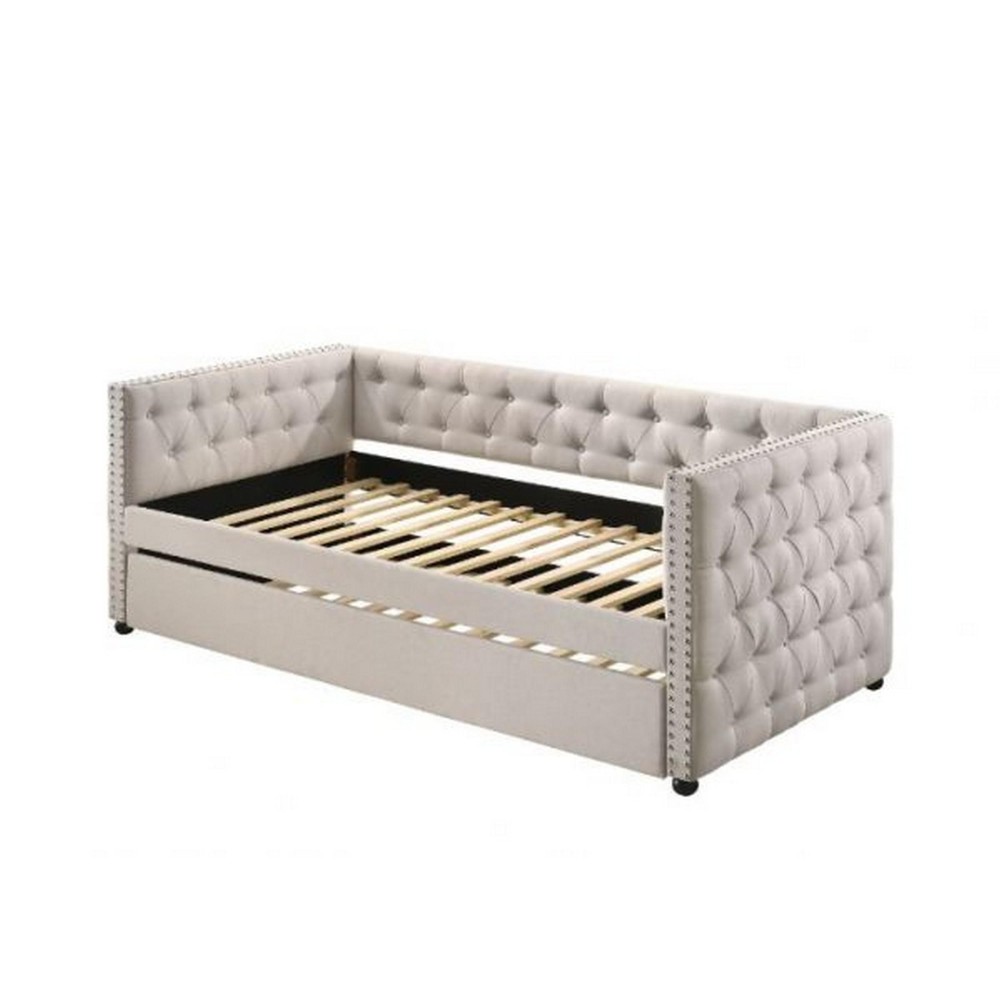 Twin Daybed with Chesterfield Style and Trundle, Beige
