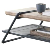 Coffee Table with Wooden Top and Mesh Shelf, Brown and Black