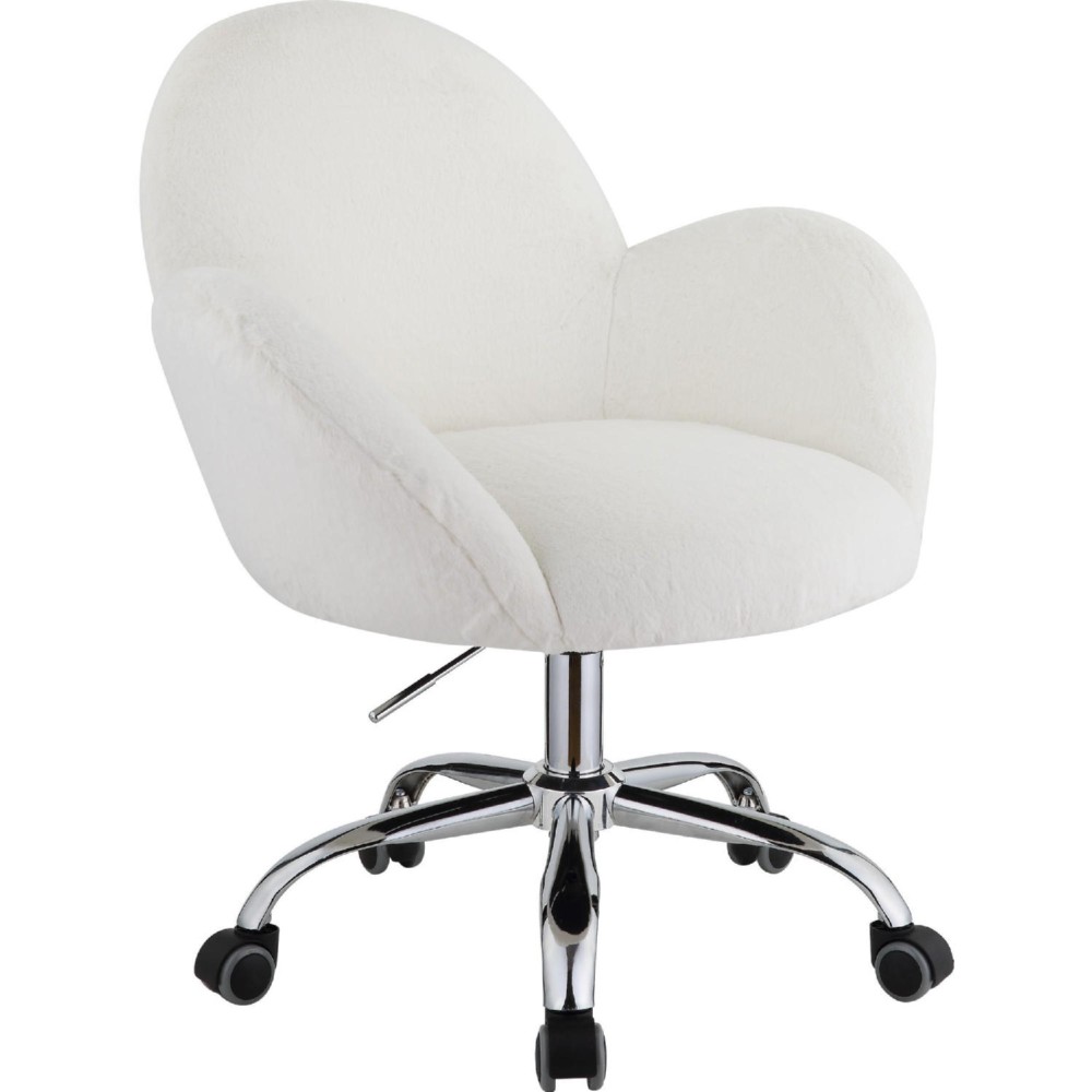 Swivel Office Chair with Rounded Back and Arms, White and Chrome
