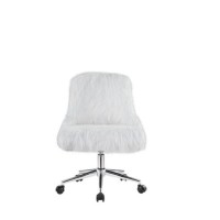 Swivel Office Chair with Faux Fur Fabric, White and Chrome