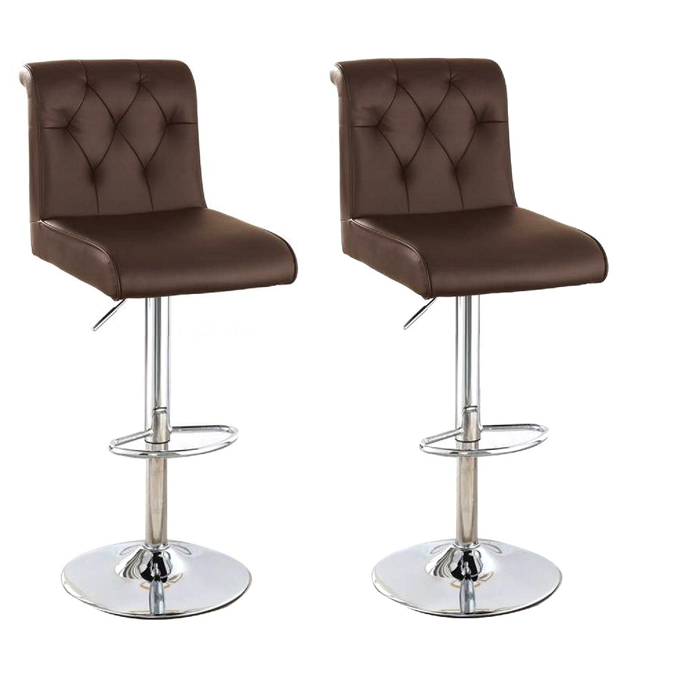 Adjustable Barstool with Rolled Button Tufted Back, Set of 2, Brown