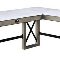 L Shaped Writing Desk with Marble Lift Top and Sled Base, Gray and White