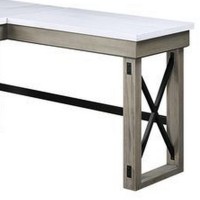 L Shaped Writing Desk with Marble Lift Top and Sled Base, Gray and White