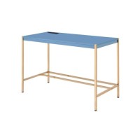 Writing Desk with USB Dock and Metal Legs, Blue and Rose Gold