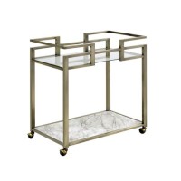 2 Tier Serving Cart with Faux Marble and Metal Frame, Silver