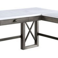 L Shape Writing Desk with Marble Lift Top and Sled Base, Gray and White