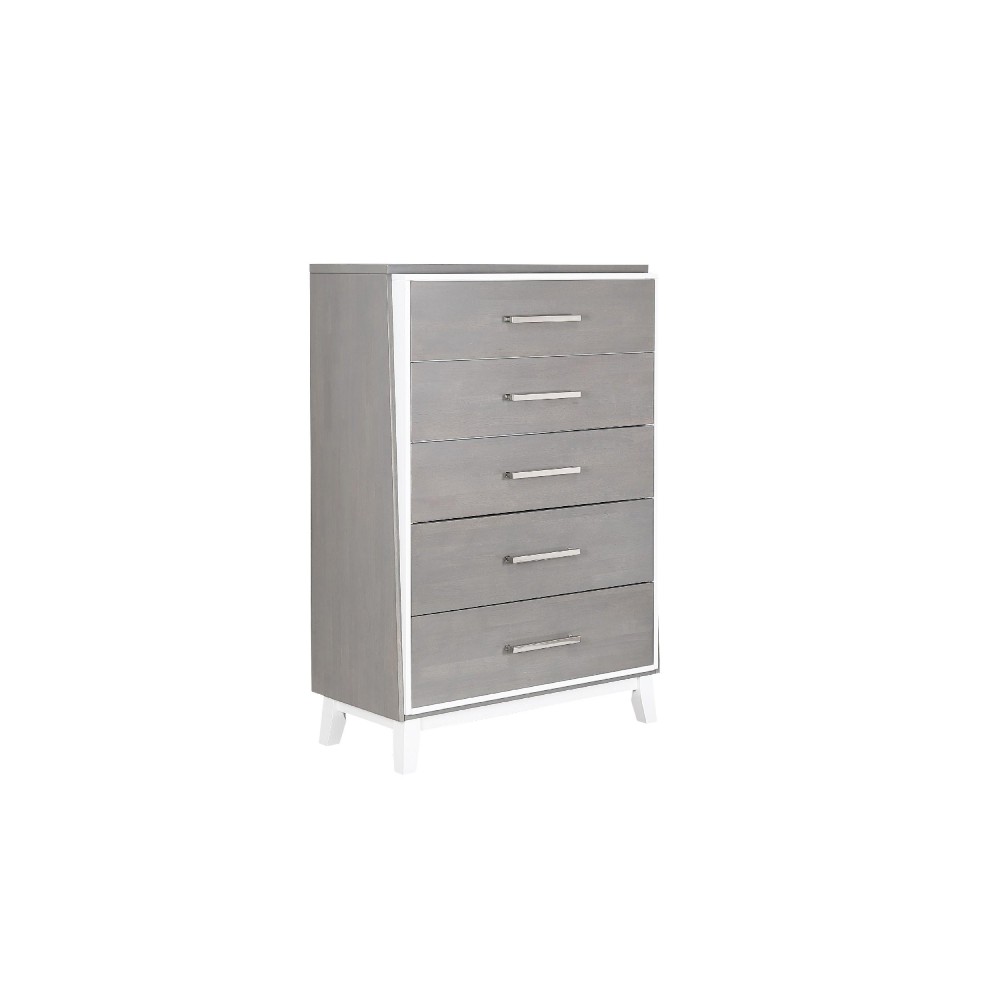 56 Inch HIgh Profile Tall Wood Dresser with 5 Drawers and Metal Handles, Gray and White