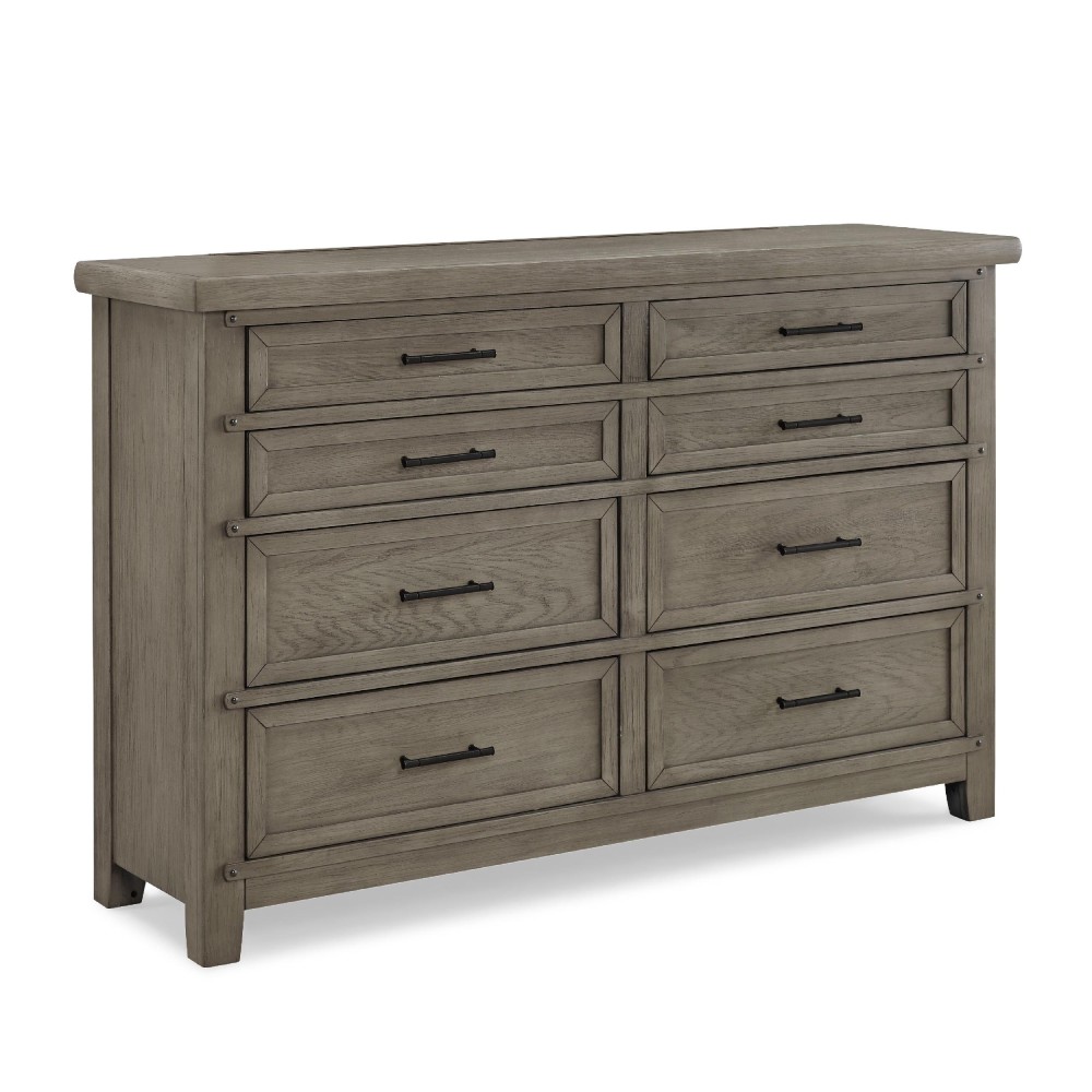 64 Inch Oliver Driftwood Style Dresser with 8 Drawers and Black Metal Handles in European Style Trim, Beige