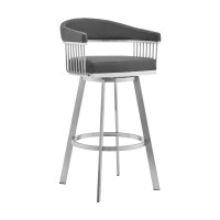 Swivel Barstool with Open Frame and Slatted Metal Arms, Gray and Silver