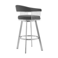 Swivel Barstool with Open Frame and Slatted Metal Arms, Gray and Silver