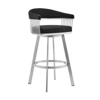 Swivel Barstool with Open Frame and Slatted Metal Arms, Black and Silver