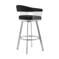 Swivel Barstool with Open Frame and Slatted Metal Arms, Black and Silver