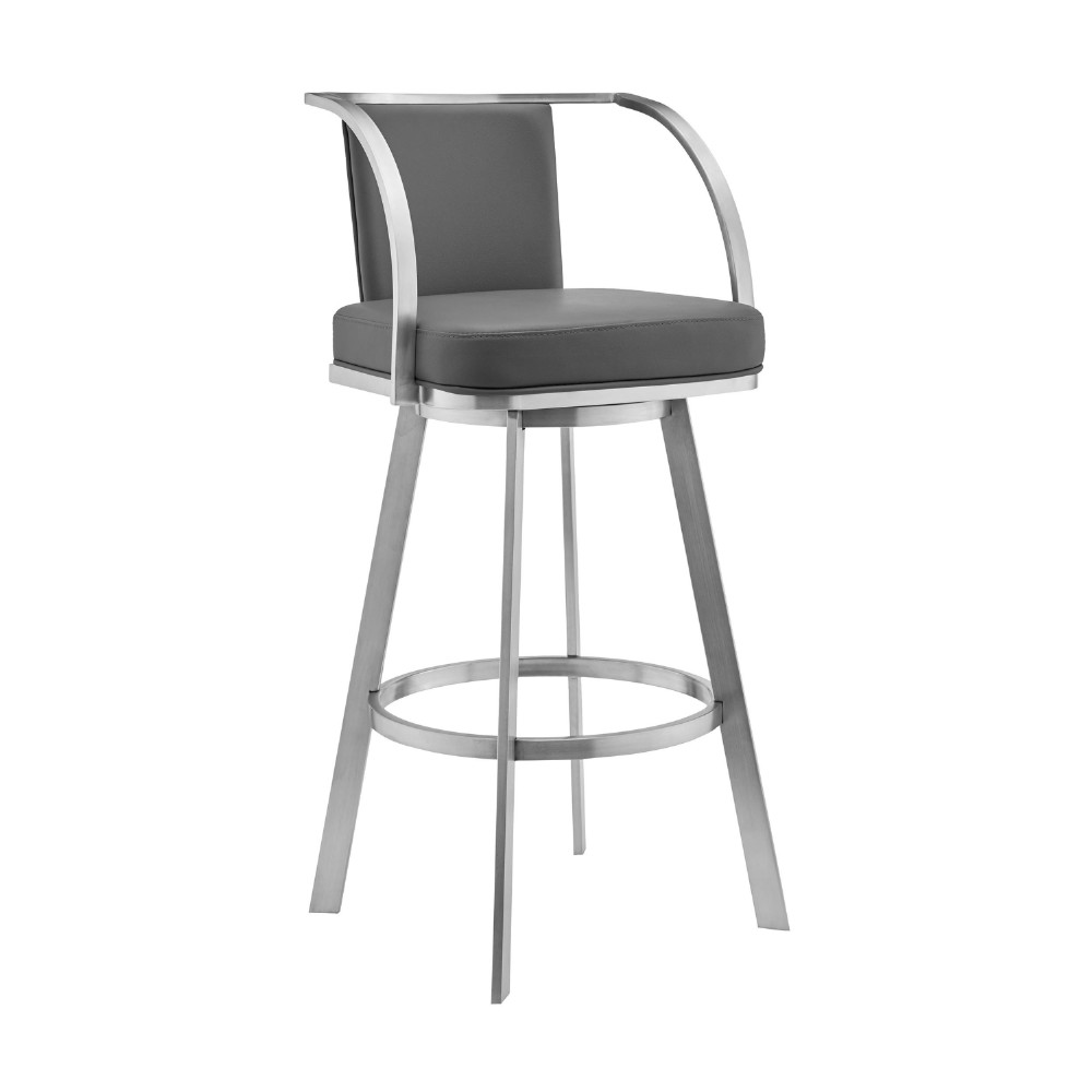 Swivel Barstool with Open Curved Metal Frame Arms, Gray and Silver