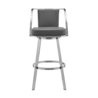 Swivel Barstool with Open Curved Metal Frame Arms, Gray and Silver