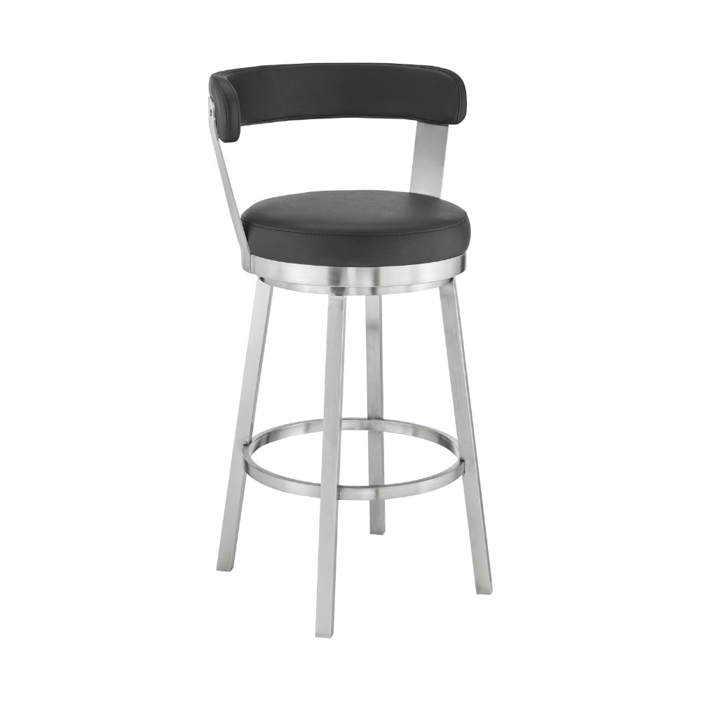 Swivel Barstool with Open Back and Metal Legs, Black and Silver