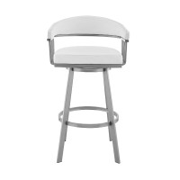Swivel Barstool with Open Metal Frame and Slatted Arms, White and Silver