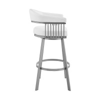 Swivel Barstool with Open Metal Frame and Slatted Arms, White and Silver