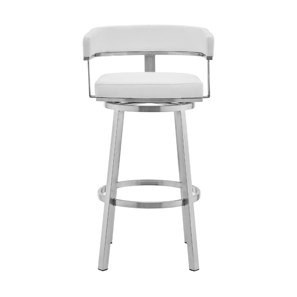 Swivel Barstool with Open Curved Back and Metal Legs, White and Silver