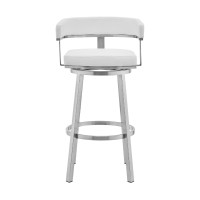 Swivel Barstool with Open Curved Back and Metal Legs, White and Silver