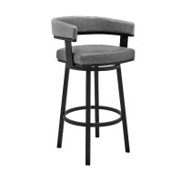 Swivel Barstool with Curved Open Back and Metal Legs, Black and Gray