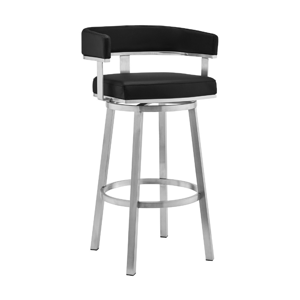 Swivel Barstool with Curved Open Back and Metal Legs, Black and Silver